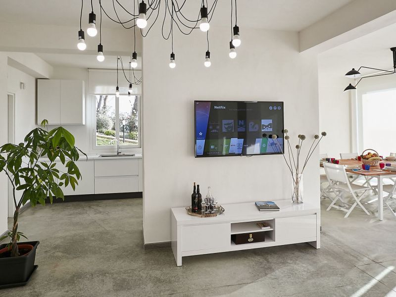 The large open space divided into a living area and dining/kitchen area